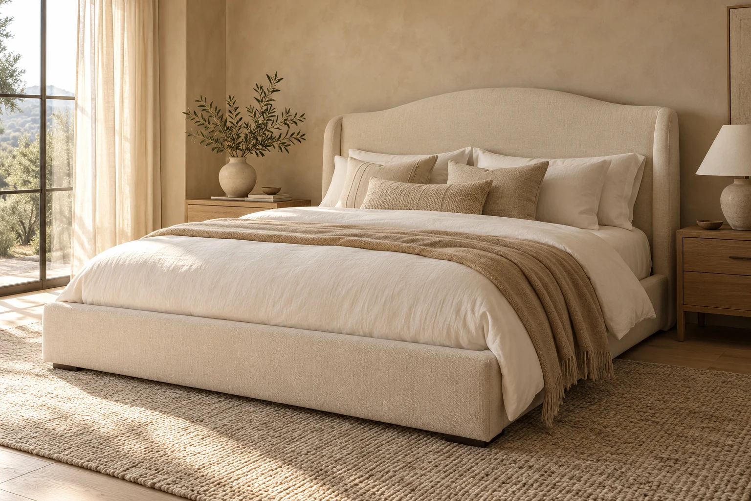 Illustrative cream upholstered bed in a warm, sunlit bedroom